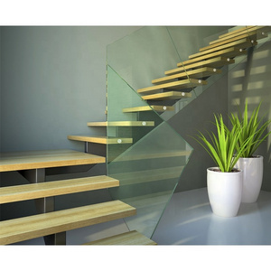 High Quality And Low Price Hidden Stringer Beam Staircase Customized Modern Stair Center Wood Tread And Glass Railing Tread