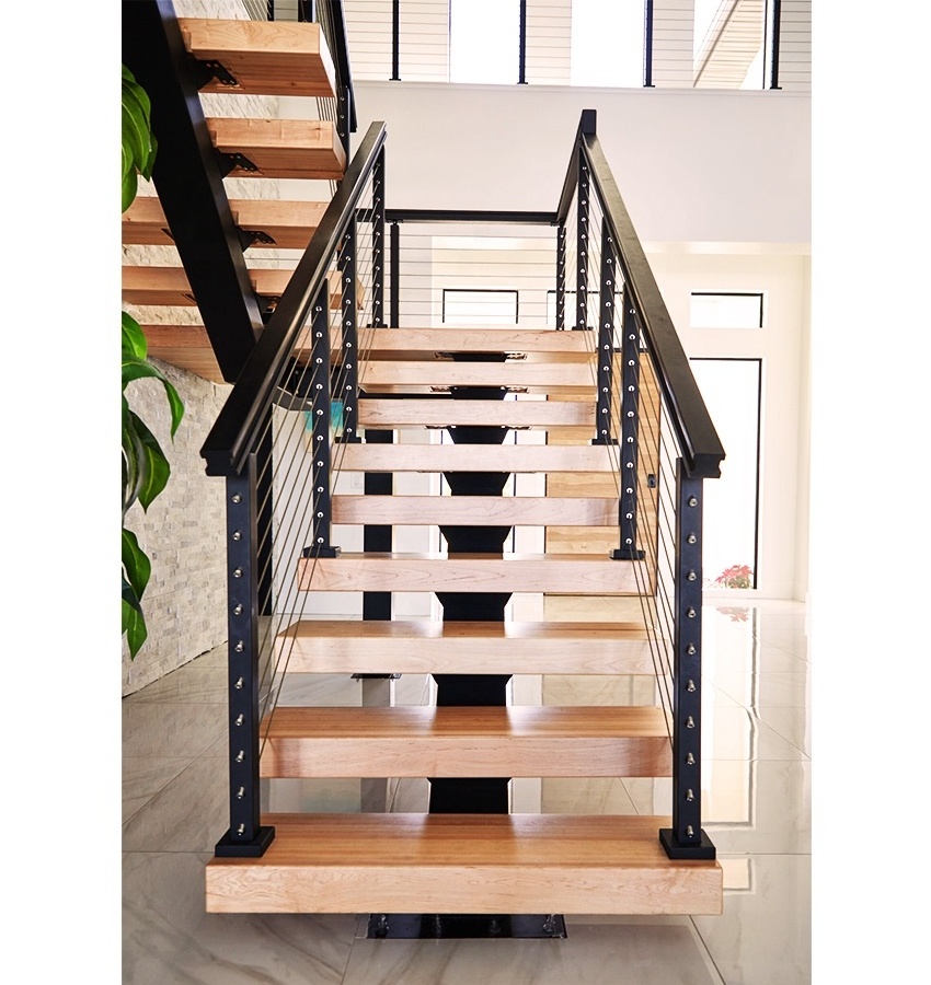 Best Selling Mono Stringer Staircase Design Steel Anti Slip Stair Tread Indoor Stairs Solid Wood Tread Straight Staircase