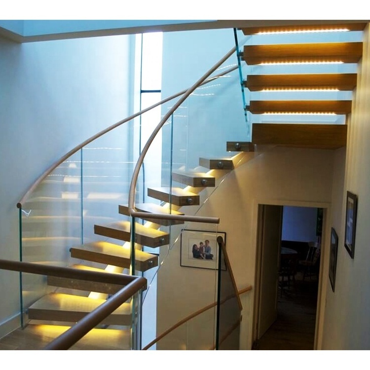 Led Floating Staircase Design Prefabricated House Straight Steel Stair Round Glass Stair Spiral Rise System Curved Staircase