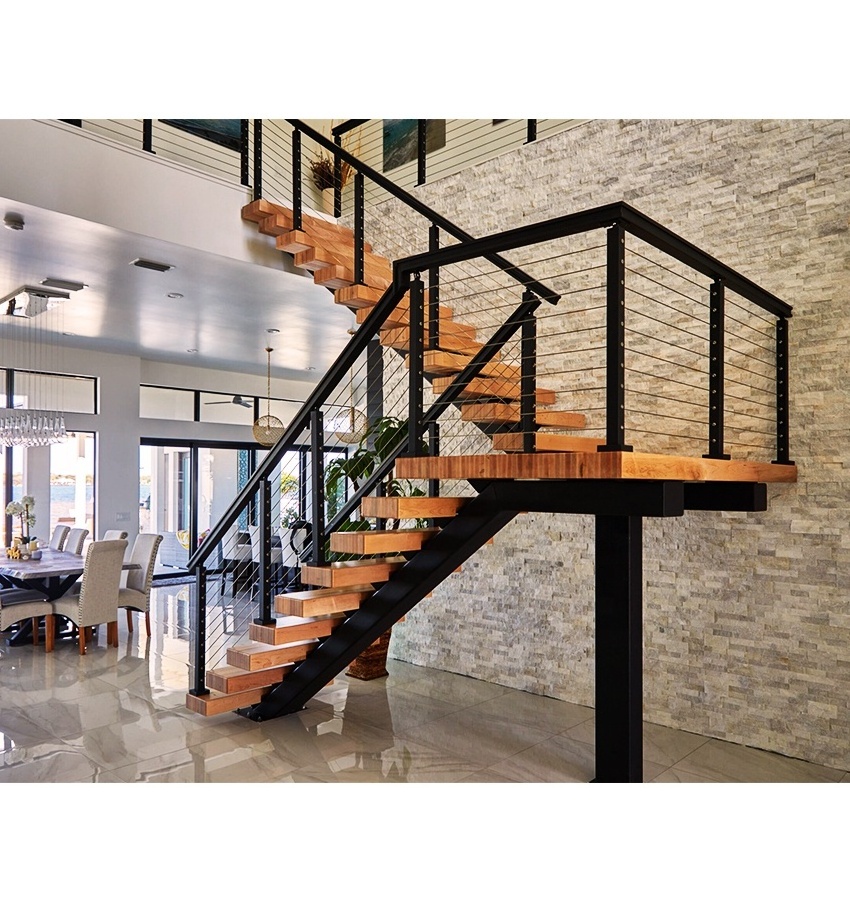 Best Selling Mono Stringer Staircase Design Steel Anti Slip Stair Tread Indoor Stairs Solid Wood Tread Straight Staircase