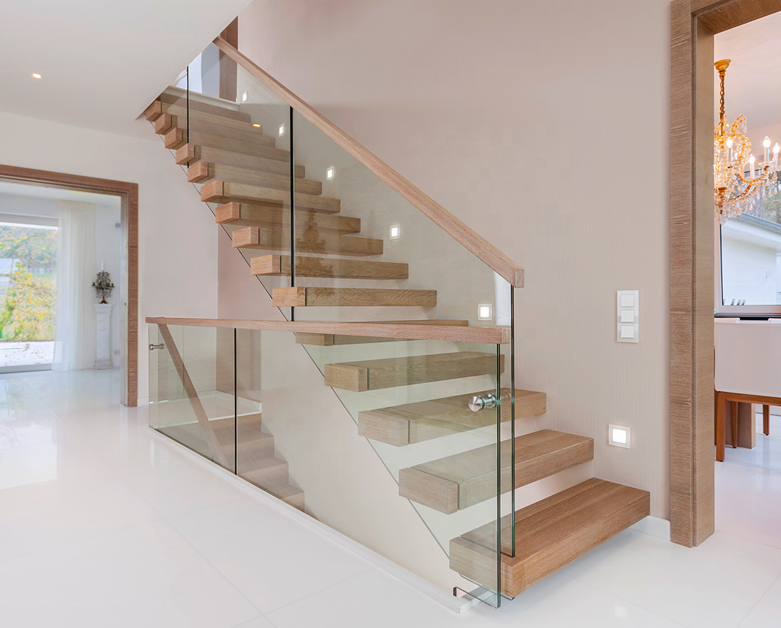 Most Selling Product Gold Handrail Aluminum Posts For Glass White Oak Stair Tread Indoor Open Floating Stair