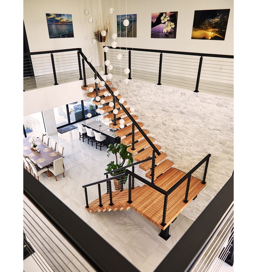 Best Selling Mono Stringer Staircase Design Steel Anti Slip Stair Tread Indoor Stairs Solid Wood Tread Straight Staircase