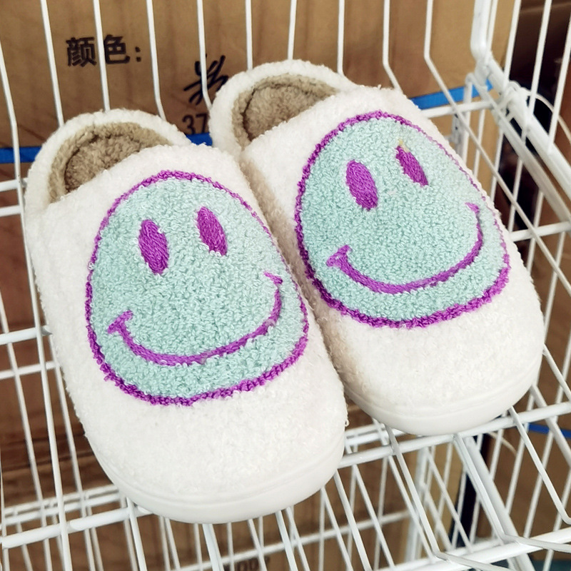 2021 Women Fluffy Fur Slippers Big Smile Floor Short Plush Fleece Flat For Couple Shoes Black Lady Indoor Slippers