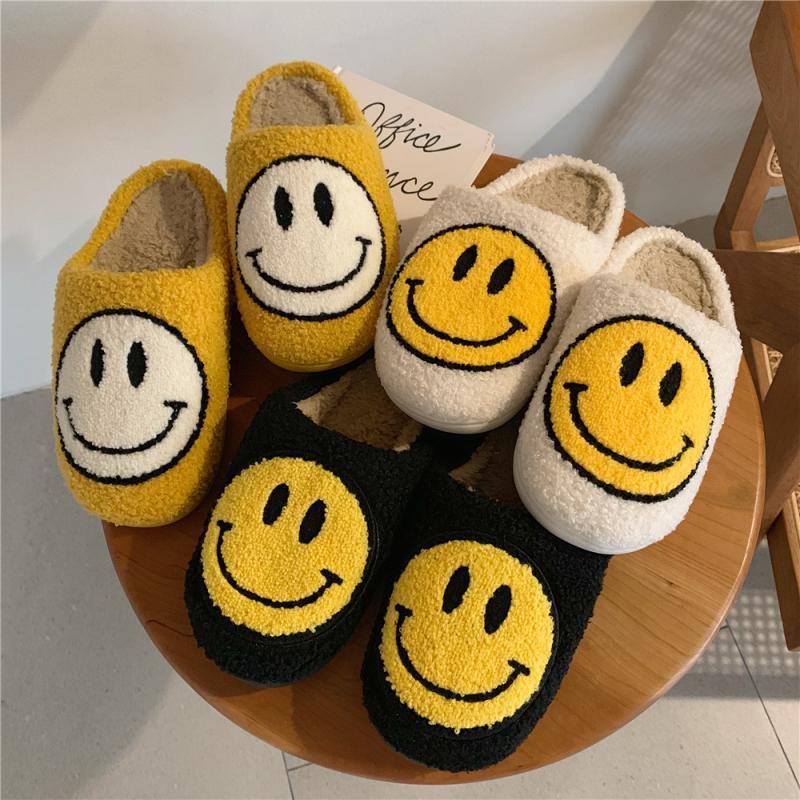 2021 Women Fluffy Fur Slippers Big Smile Floor Short Plush Fleece Flat For Couple Shoes Black Lady Indoor Slippers