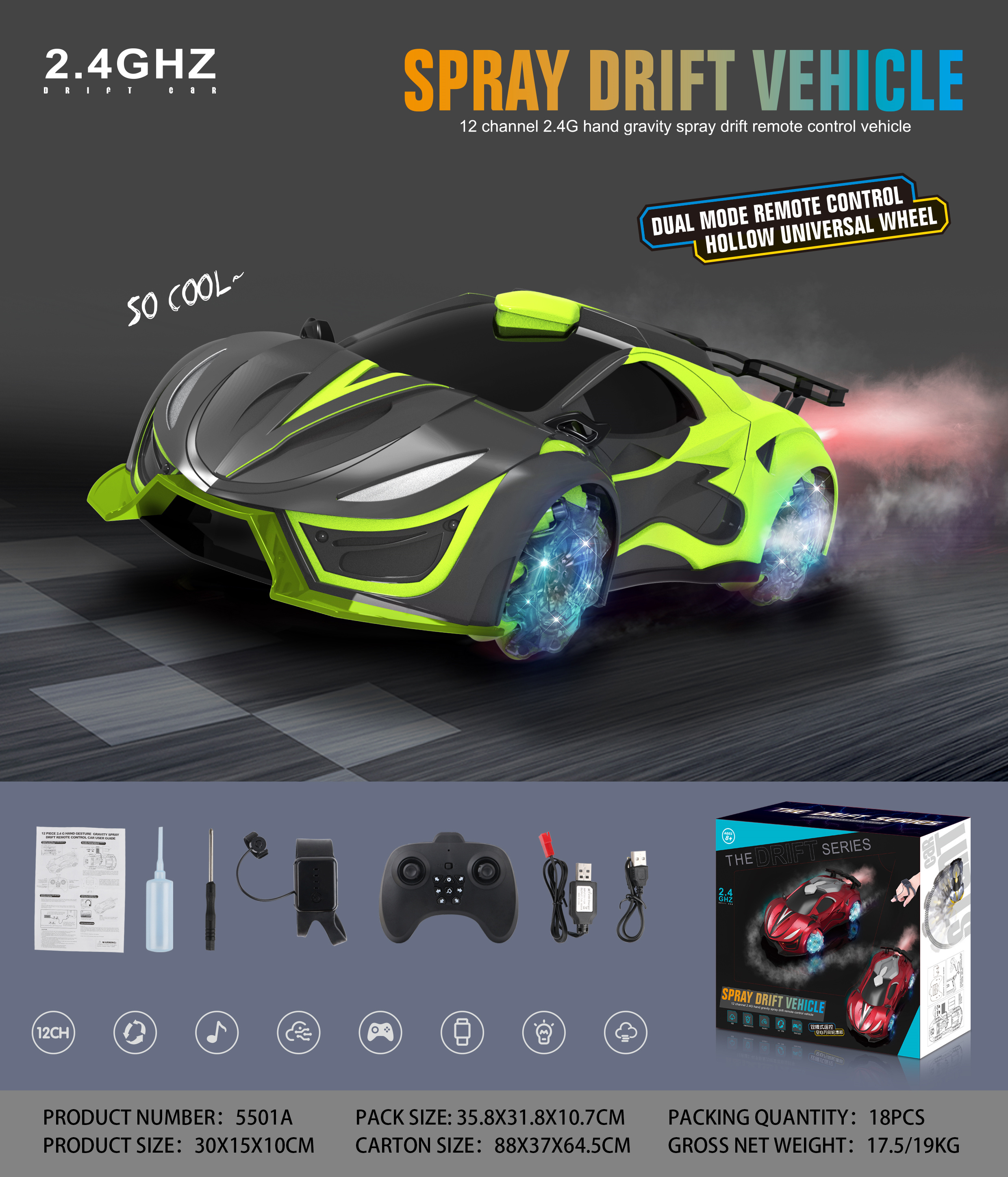 Remote Control Racing Car Toy 1:12 Scale 4WD 2.4Ghz Hobby RC Stunt Car with Light Music Sound & Spray Drift Rotation Drift