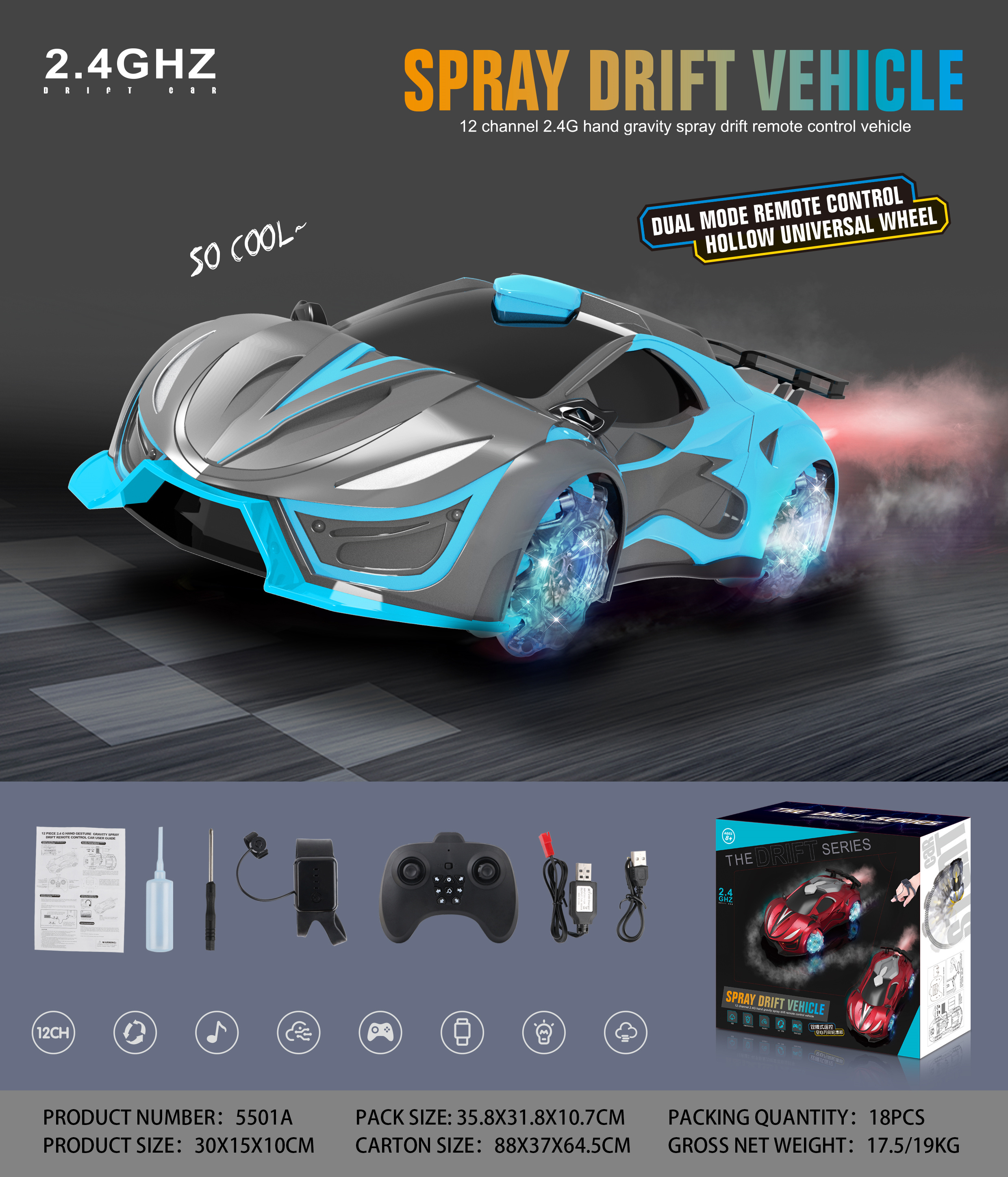 Remote Control Racing Car Toy 1:12 Scale 4WD 2.4Ghz Hobby RC Stunt Car with Light Music Sound & Spray Drift Rotation Drift