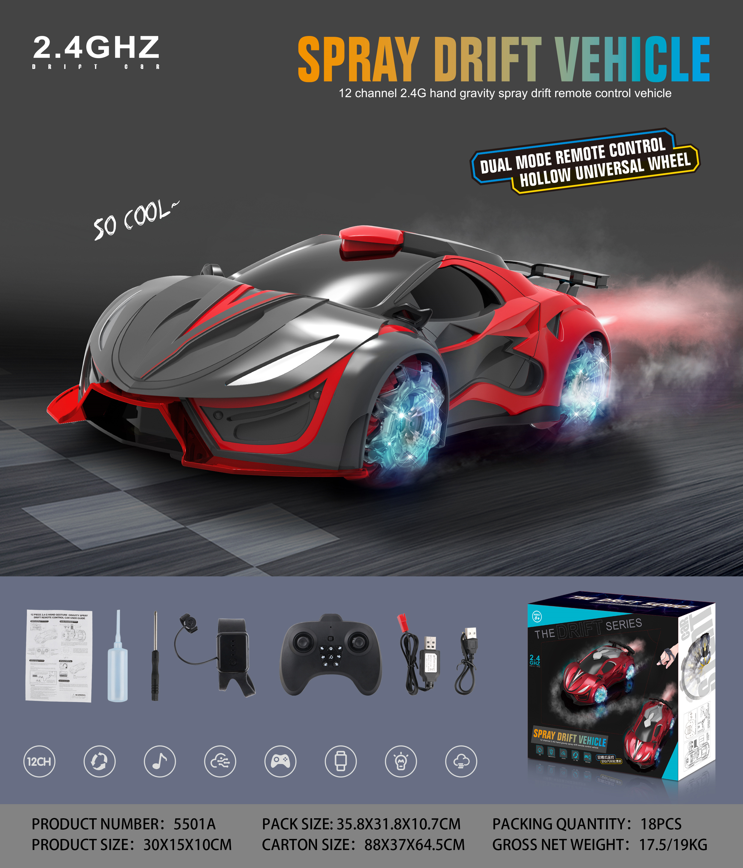 Remote Control Racing Car Toy 1:12 Scale 4WD 2.4Ghz Hobby RC Stunt Car with Light Music Sound & Spray Drift Rotation Drift