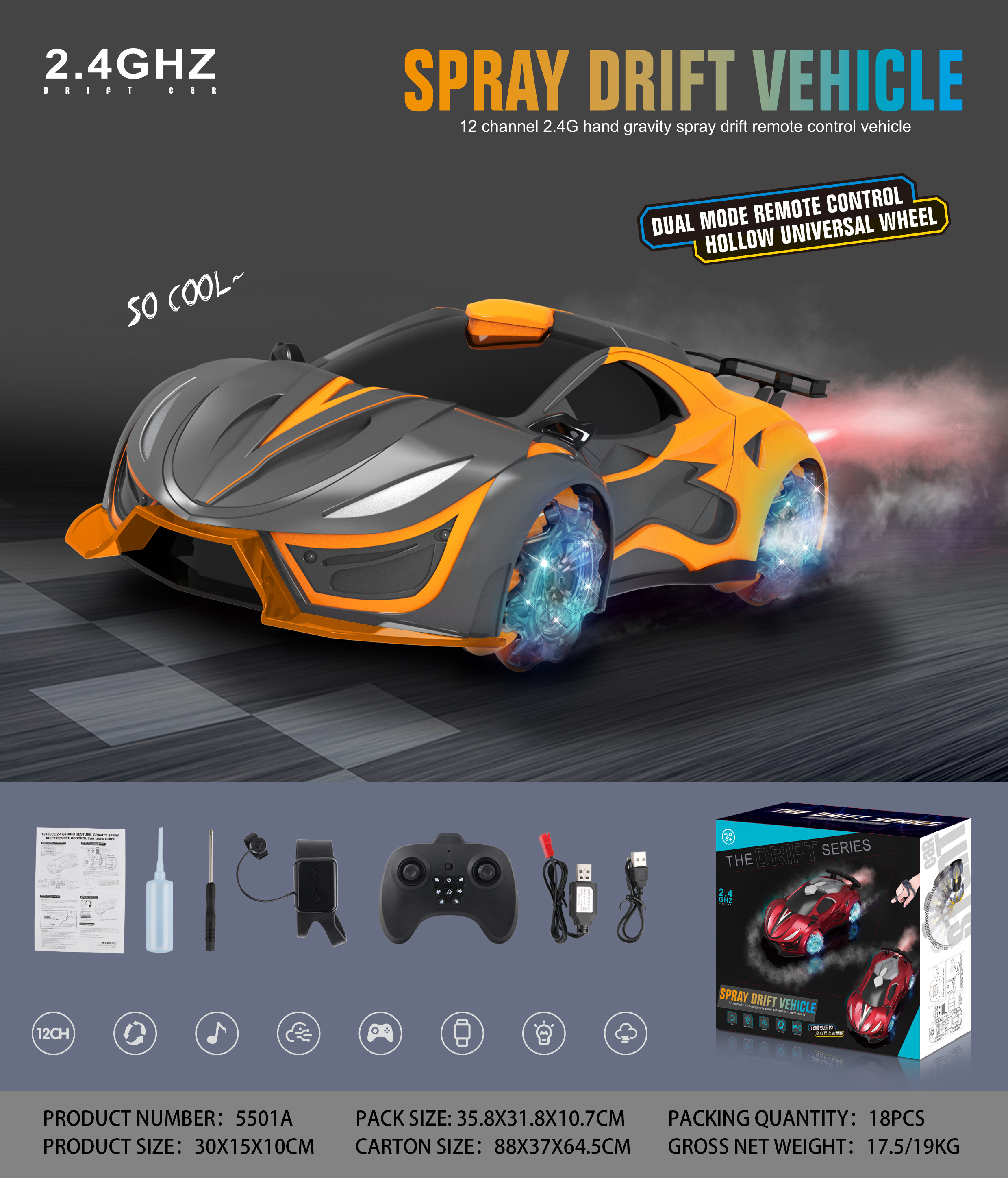 Remote Control Racing Car Toy 1:12 Scale 4WD 2.4Ghz Hobby RC Stunt Car with Light Music Sound & Spray Drift Rotation Drift