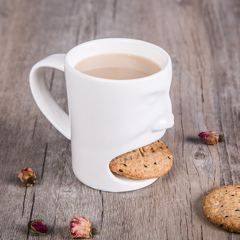 Sublimation Milk Face Cup Tea Mugs With Biscuit Pocket White Cookies Cup Holder Cookies White Ceramic Coffee Mug