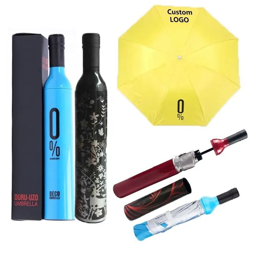 Promotional Wholesale Wine Bottle Umbrella With Custom Logo For Adults Bottle Shape Sun Rain Pocket Umbrella