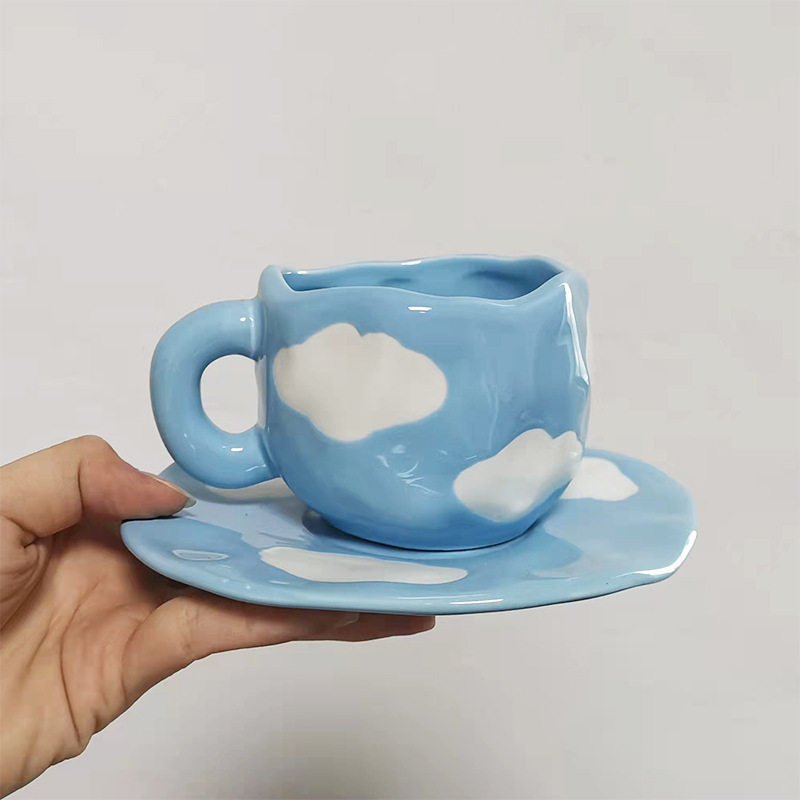 Hand pinch blue cloud cup ceramic coffee cups with irregular saucer afternoon tea cup set 300ml couple mug gifts items