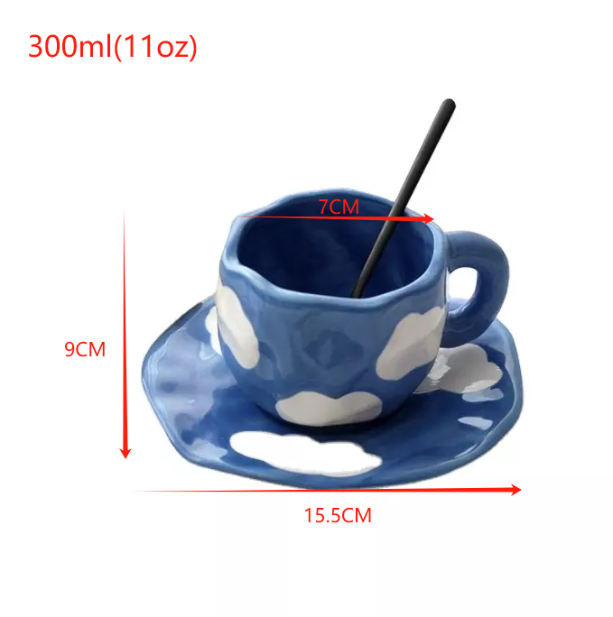 Hand pinch blue cloud cup ceramic coffee cups with irregular saucer afternoon tea cup set 300ml couple mug gifts items