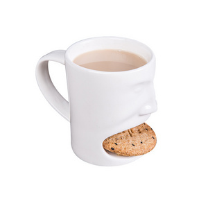 Sublimation Milk Face Cup Tea Mugs With Biscuit Pocket White Cookies Cup Holder Cookies White Ceramic Coffee Mug