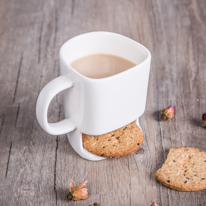 Sublimation Milk Face Cup Tea Mugs With Biscuit Pocket White Cookies Cup Holder Cookies White Ceramic Coffee Mug