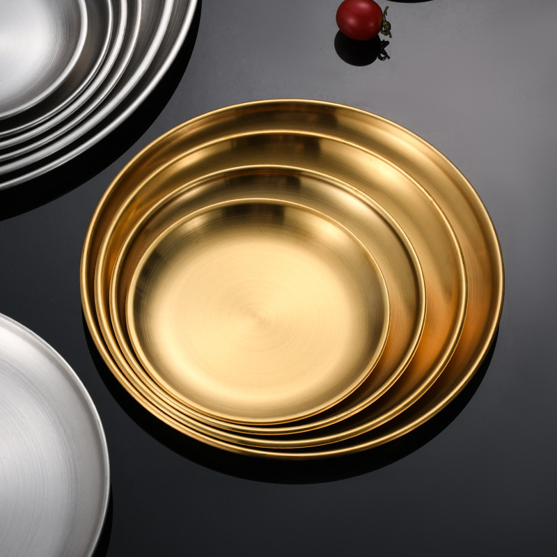 Roaster Tray Charge Plates Round Plate Dishes Stainless Steel Serving for Food Sanding Metal Plate Korea Camping Polished Golden