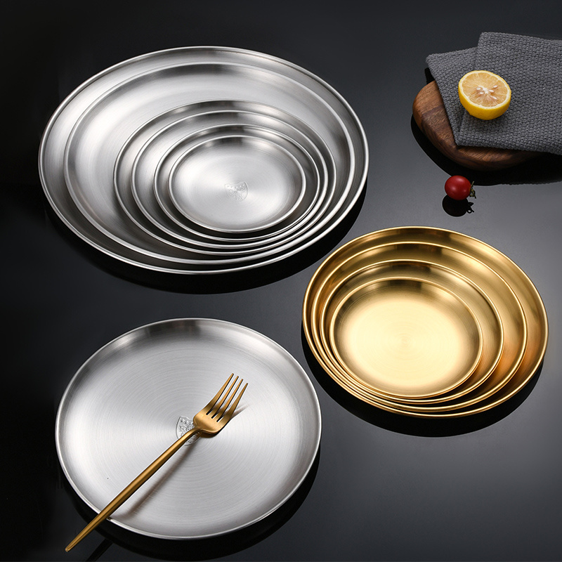 Roaster Tray Charge Plates Round Plate Dishes Stainless Steel Serving for Food Sanding Metal Plate Korea Camping Polished Golden