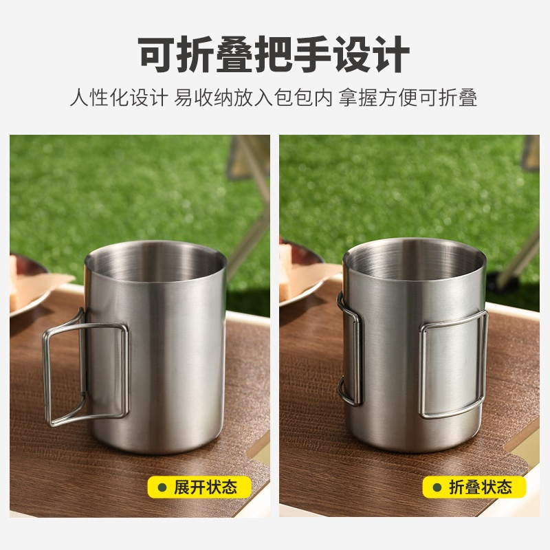 Stainless Steel Portable Water Bottle Double Wall with Handle Outdoor Camping Mug Cup with Collapsible Handle for Beer Coffee