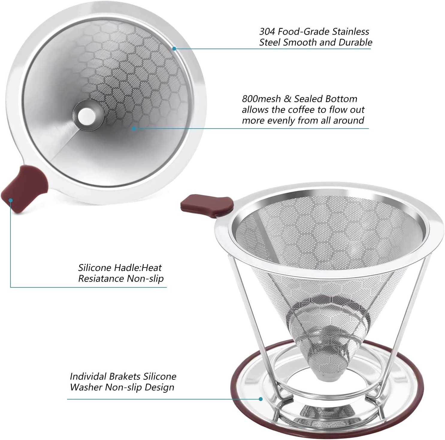 Stainless Steel Pour Over Coffee Cone Filter with Removable Stand Paperless Coffee maker Reusable Pour Over Funnel