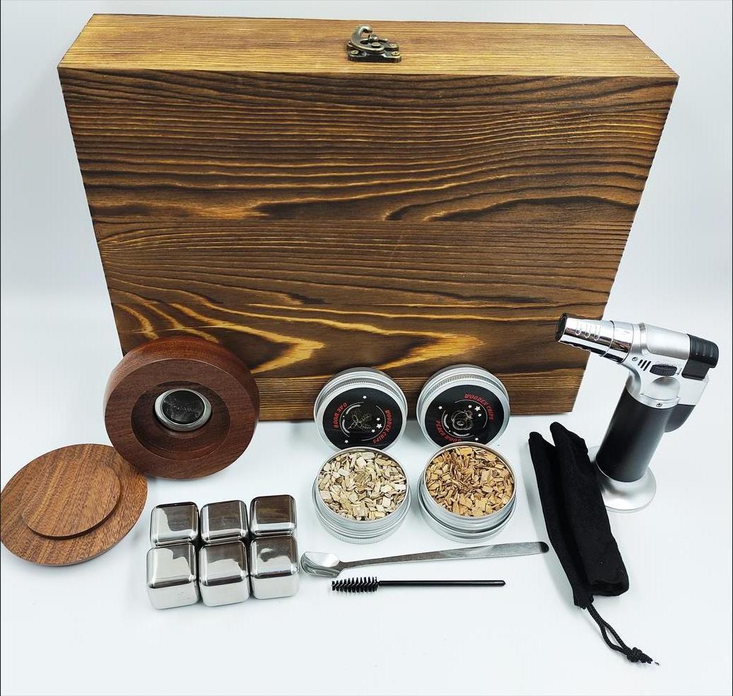 Luxury Wooden Cocktail Smoker Kit Handmade Cocktail Chimney Smoker With Wood Chips Whiskey Smoker Kit With Torch