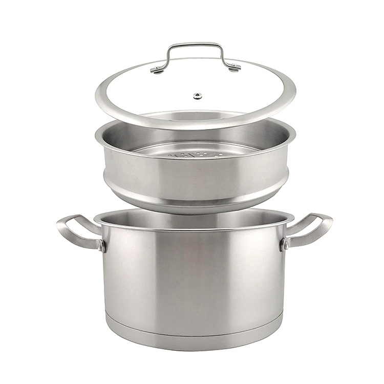 Custom 430 stainless steel cooking pot with Glass Lid High-capacity 2layers with Food Steam Stew pot European steaming soup pot