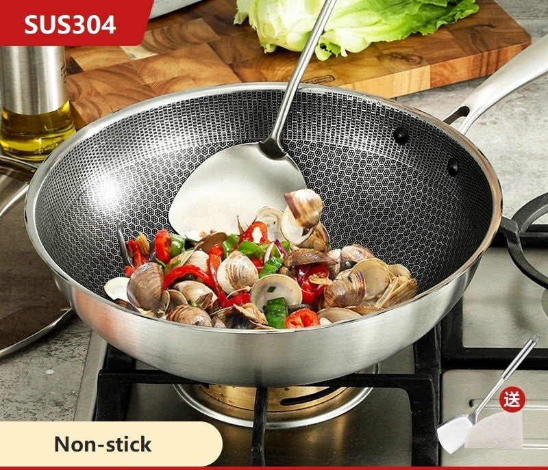 Chinese cooking wok 410 304 Stainless steel honeycomb frying pan wok non-stick tri-ply fry pan with  handle black cube