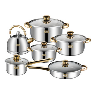 Stainless steel milk stockpot 12pcs thickened bottom soup pot set with gold handle glass lid non-stick frying pan custom logo