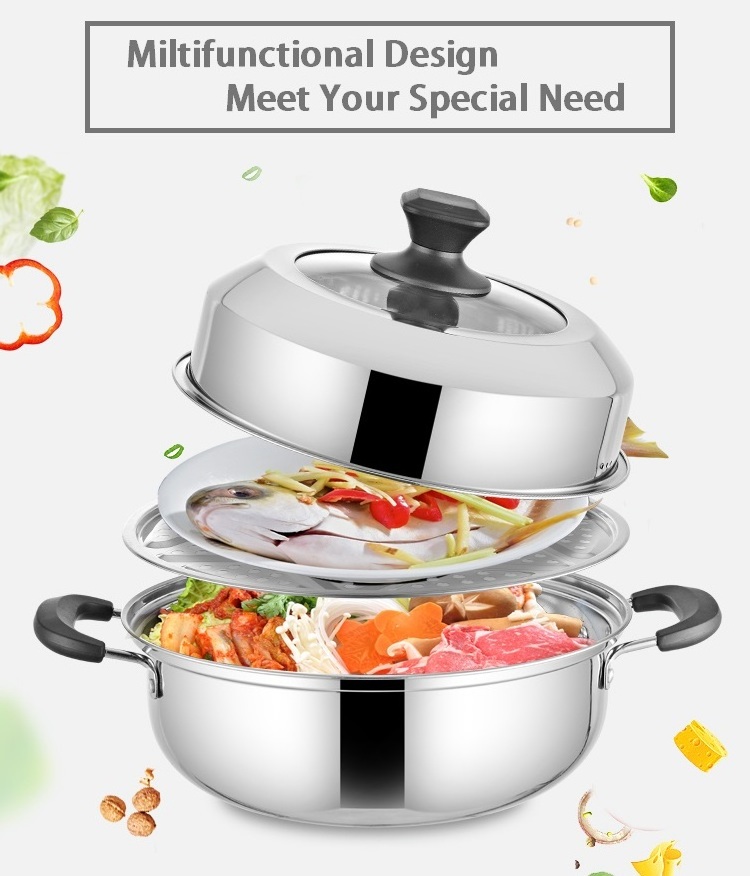 Steamer pot New style hot sale kitchenware stainless steel 2 layers restaurants cooking food pot steamer hot soup pot