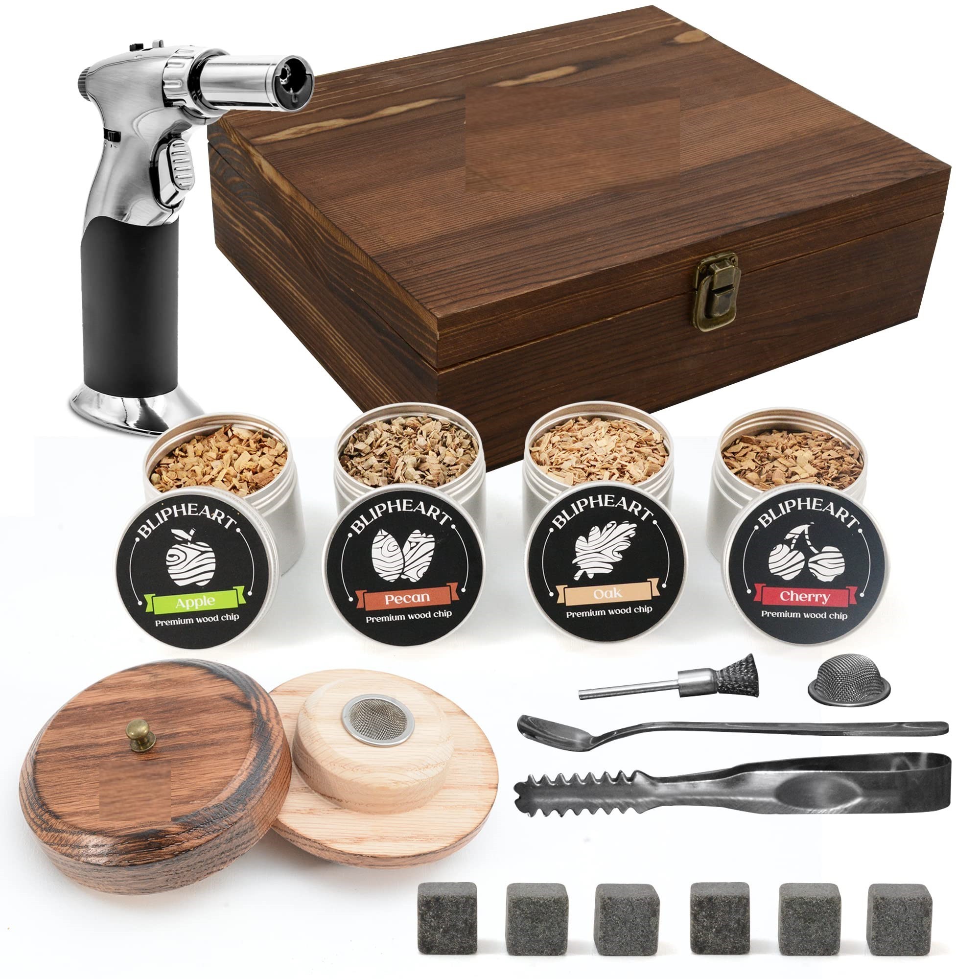 Bartending Cocktail Smoker Kit Set With Torch And 4 Kind Of Wood Chips Wooden Box For Whiskey Cocktail Smoke custom