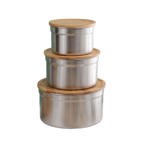 Low QTY OEM 304 SS Food Grade Stainless Steel Food Container with Bamboo Lid Large Capacity Storage Box Preservation Bowls