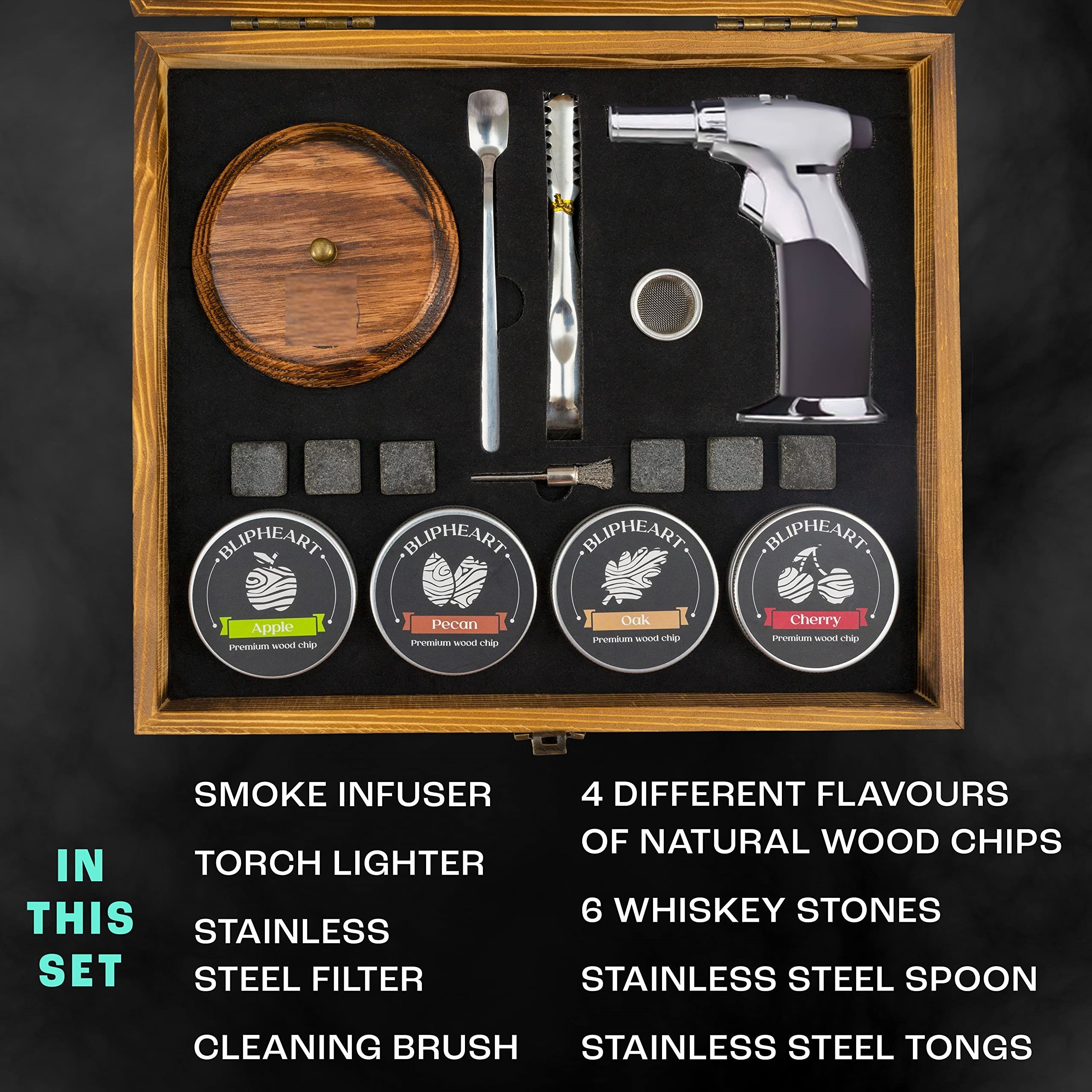 Bartending Cocktail Smoker Kit Set With Torch And 4 Kind Of Wood Chips Wooden Box For Whiskey Cocktail Smoke custom