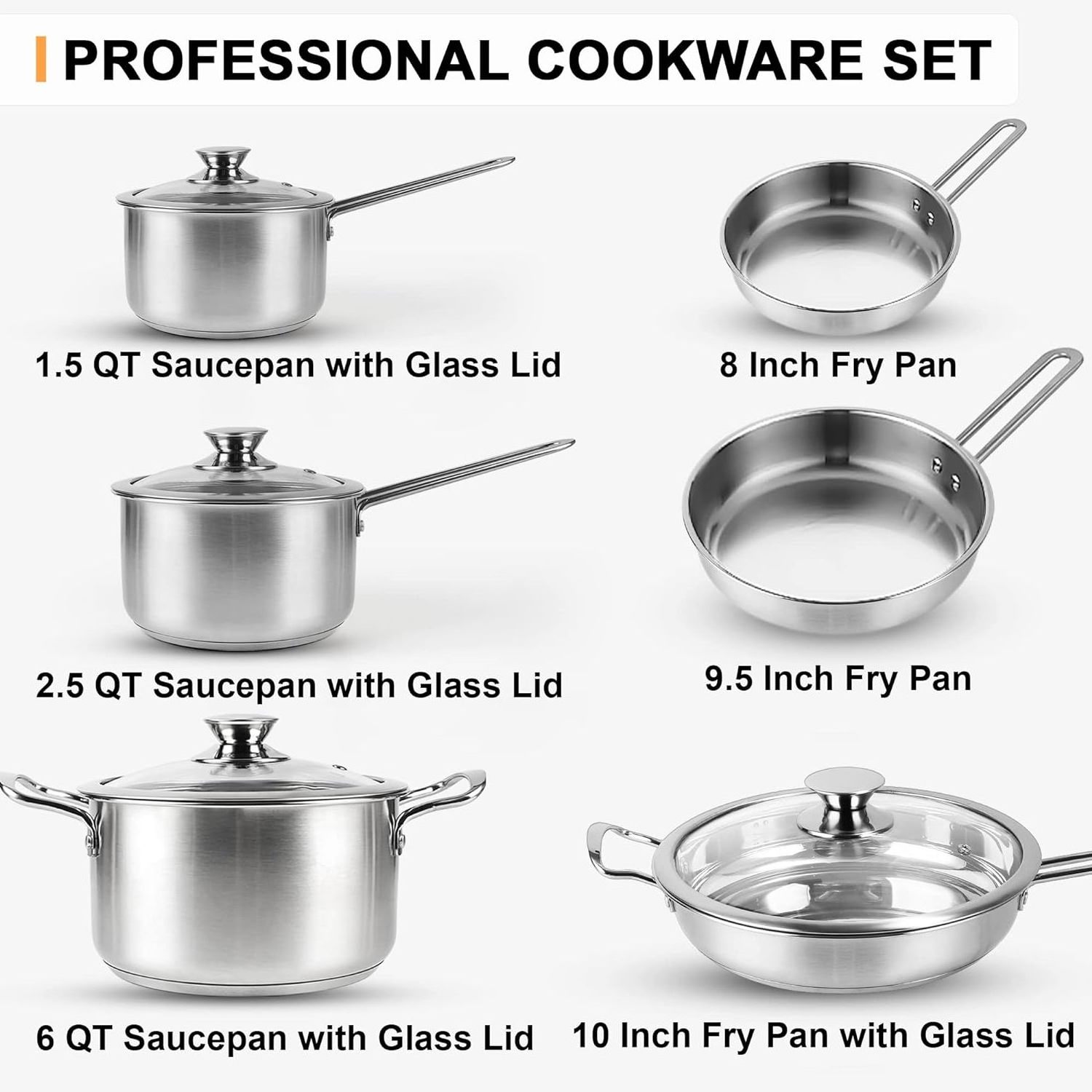 10PCS stainless steel  Pots and Pans Set with handle Kitchen Cookware Induction Pots Sets with Glass Lids with All Stovetops