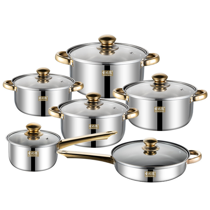 Stainless steel milk stockpot 12pcs thickened bottom soup pot set with gold handle glass lid non-stick frying pan custom logo