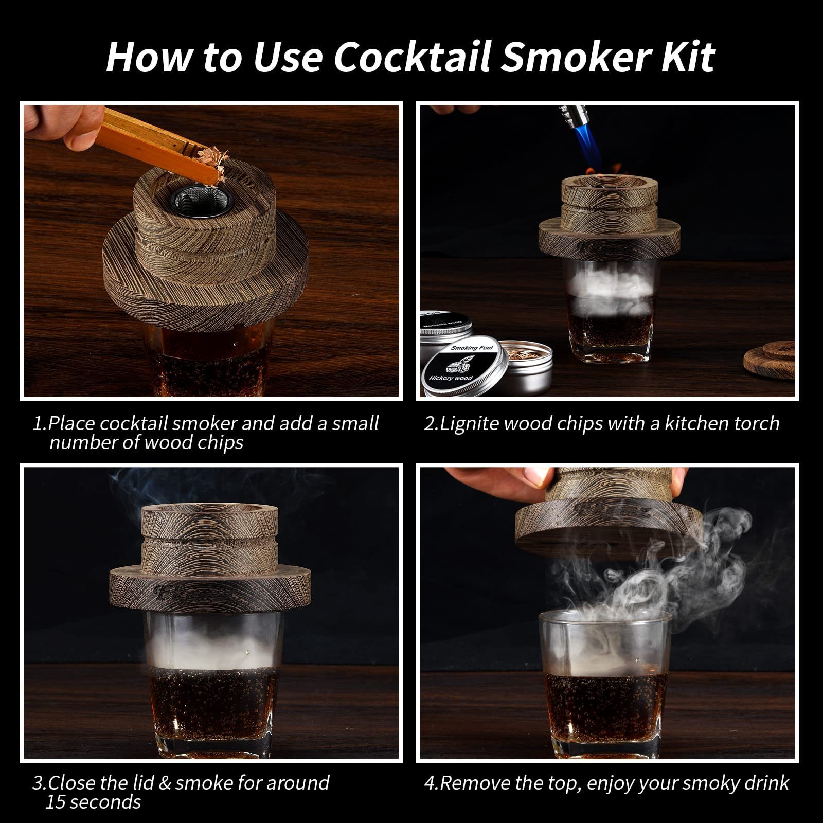 Cocktail Smoker Kit with torch with cardboard box can custom bar tools 6 wood chips infusing cocktail Whiskey Gift Box