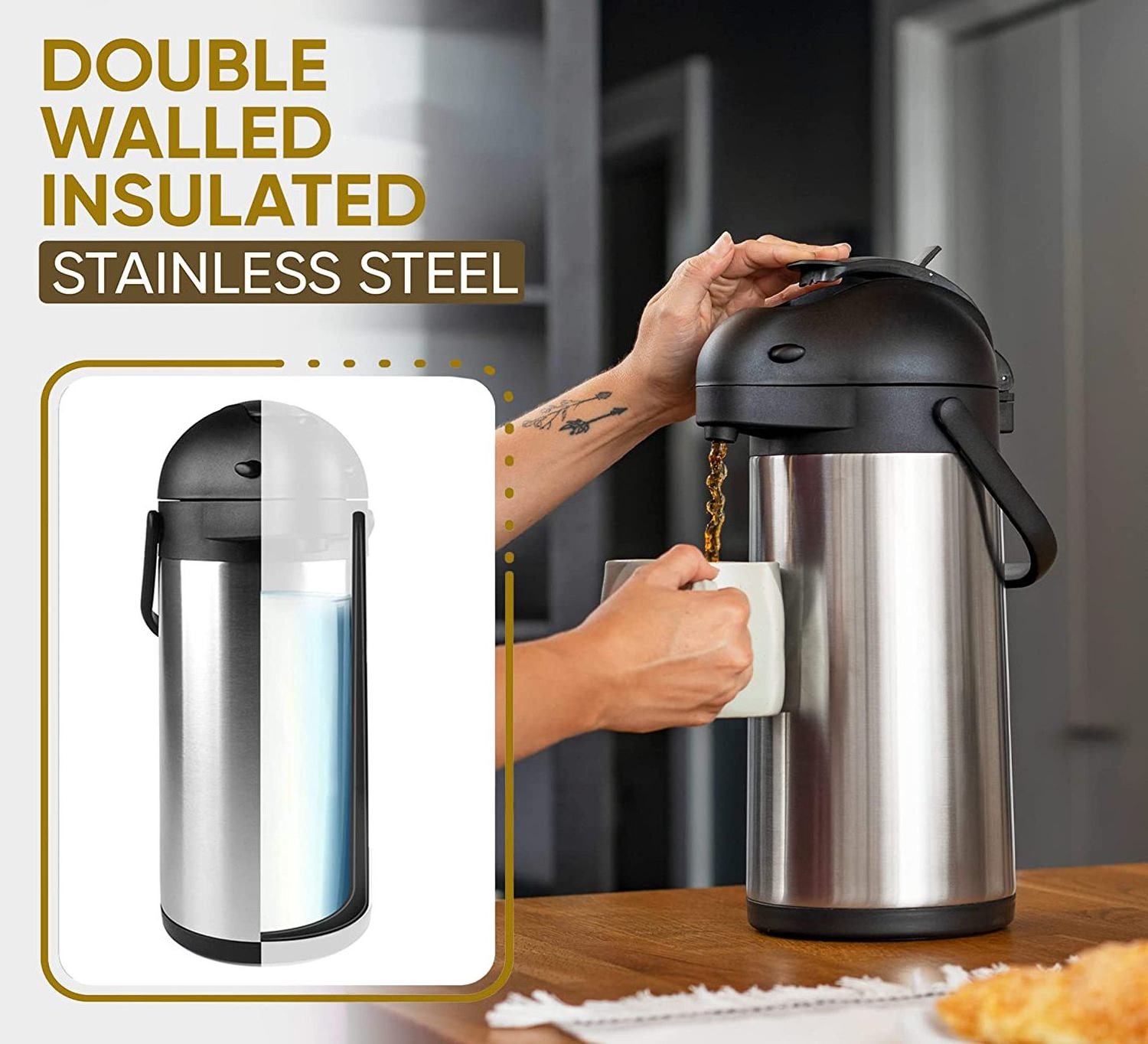 Stainless Steel Flask Hot Cold Tea Coffee Bottle WIth Pump Action Vacuum Insulated Thermos Water Flask