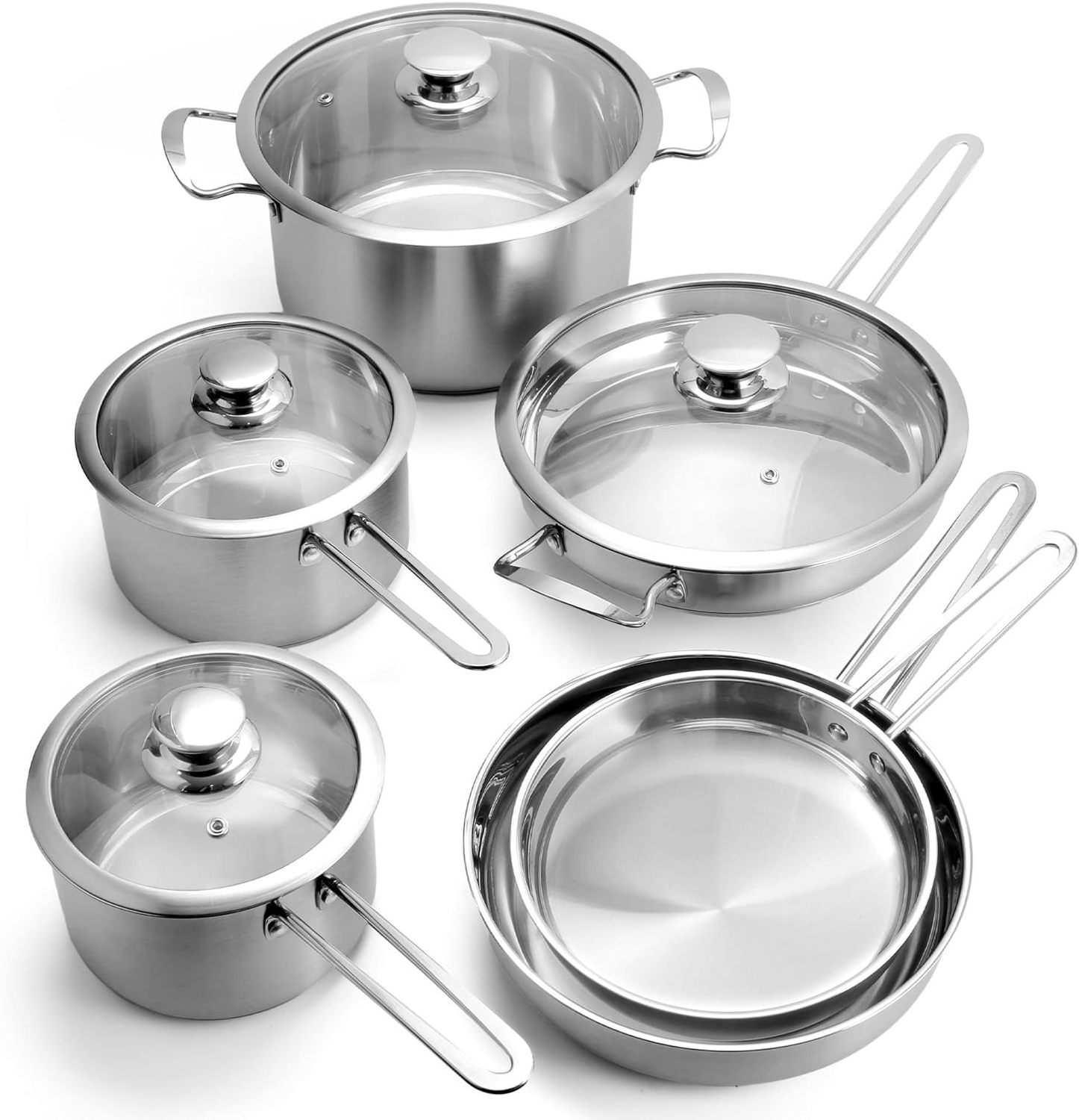 10PCS stainless steel  Pots and Pans Set with handle Kitchen Cookware Induction Pots Sets with Glass Lids with All Stovetops