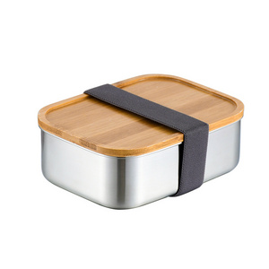 SUS304 18/8 Food Grade Bento Stainless Steel Square Lunch Box Sushi Bread 2/3 Grid Box with Wooden Cover Eco-friendly Bamboo Lid