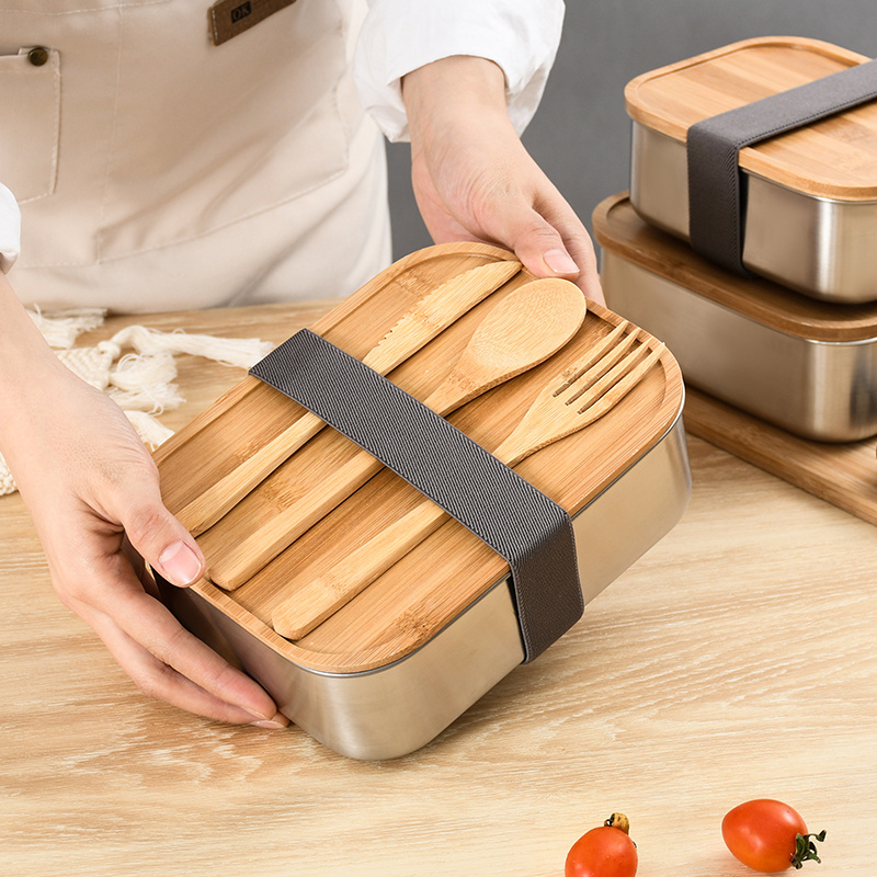 SUS304 18/8 Food Grade Bento Stainless Steel Square Lunch Box Sushi Bread 2/3 Grid Box with Wooden Cover Eco-friendly Bamboo Lid