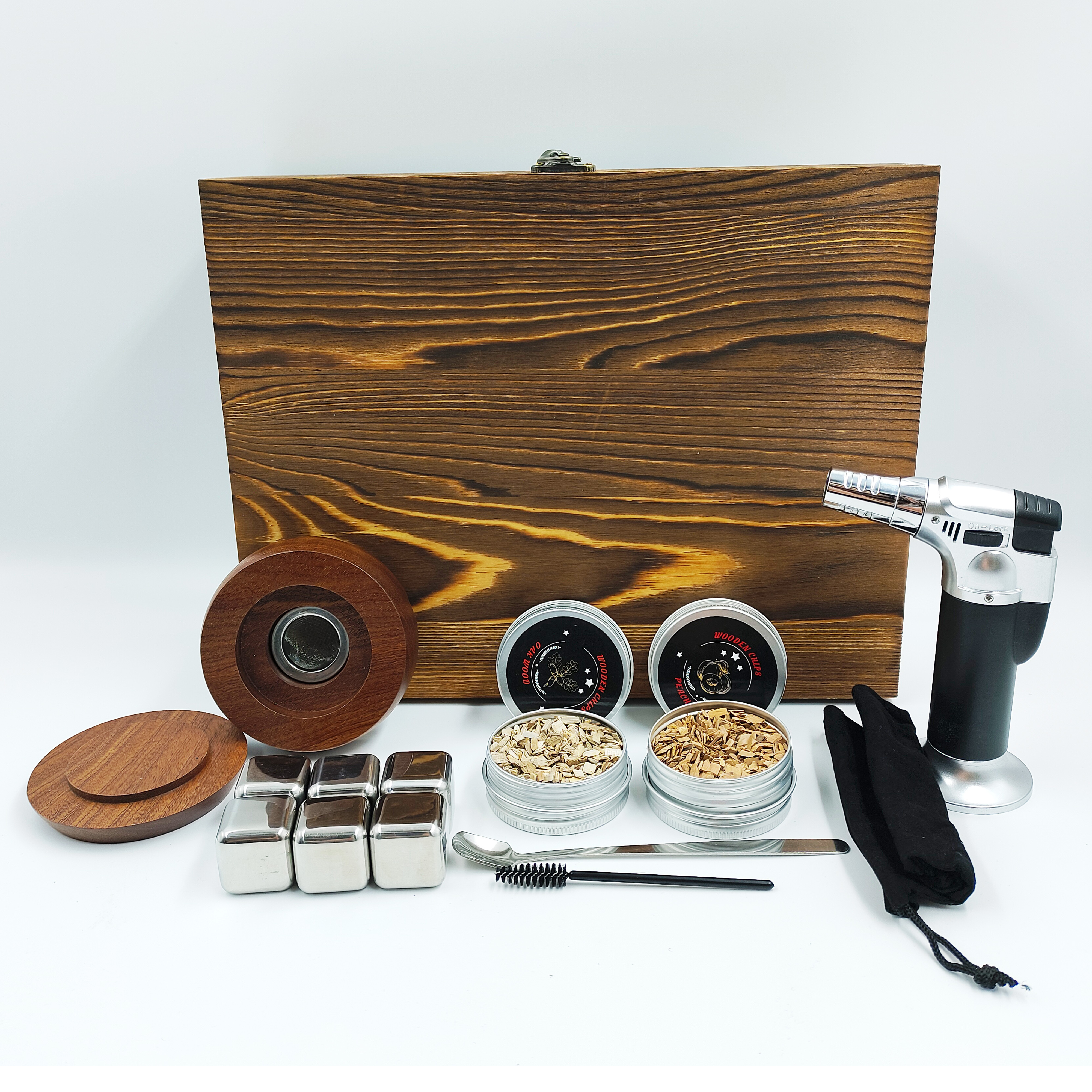 Luxury Wooden Cocktail Smoker Kit Handmade Cocktail Chimney Smoker With Wood Chips Whiskey Smoker Kit With Torch