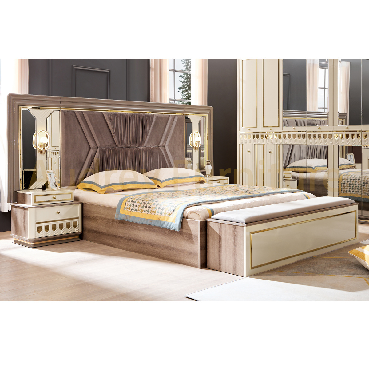 Turkish Middle East Eastern Luxury Bedroom Furniture Five Pieces King Size Bedroom Sets