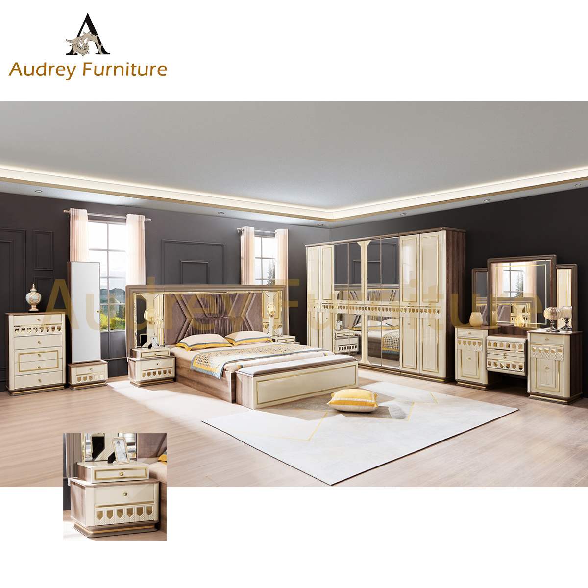 Turkish Middle East Eastern Luxury Bedroom Furniture Five Pieces King Size Bedroom Sets