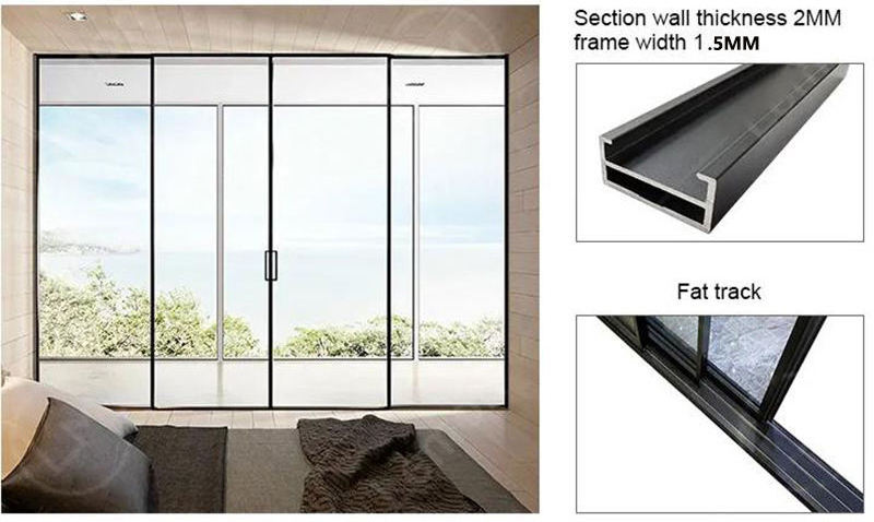 Large French Aluminum Sliding Door Glass Contemporary Interior Partition Aluminium Manual Narrow Slim Triple Glass Sliding Doors