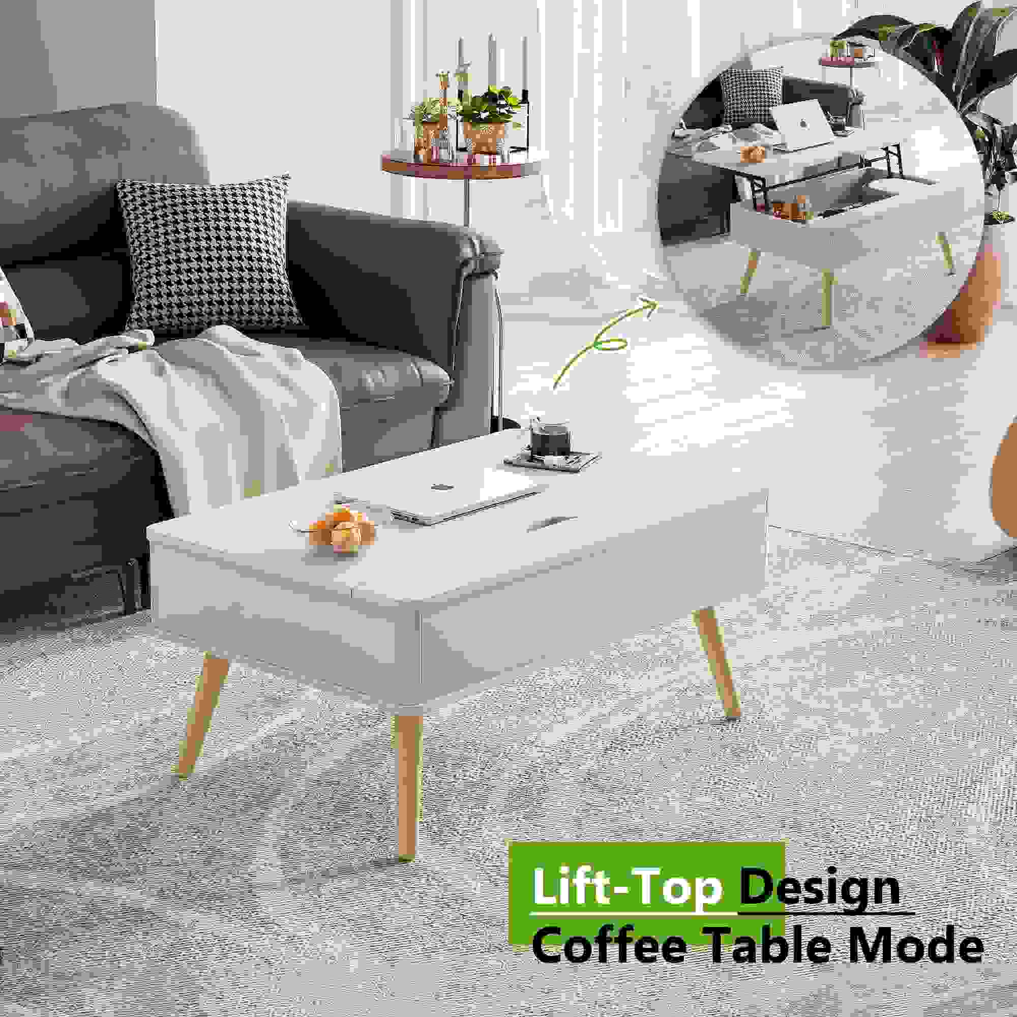 White Coffee Table Multifunctional Living Room Storage Furniture, Elegant Design Lift Top Center Table for Small Spaces