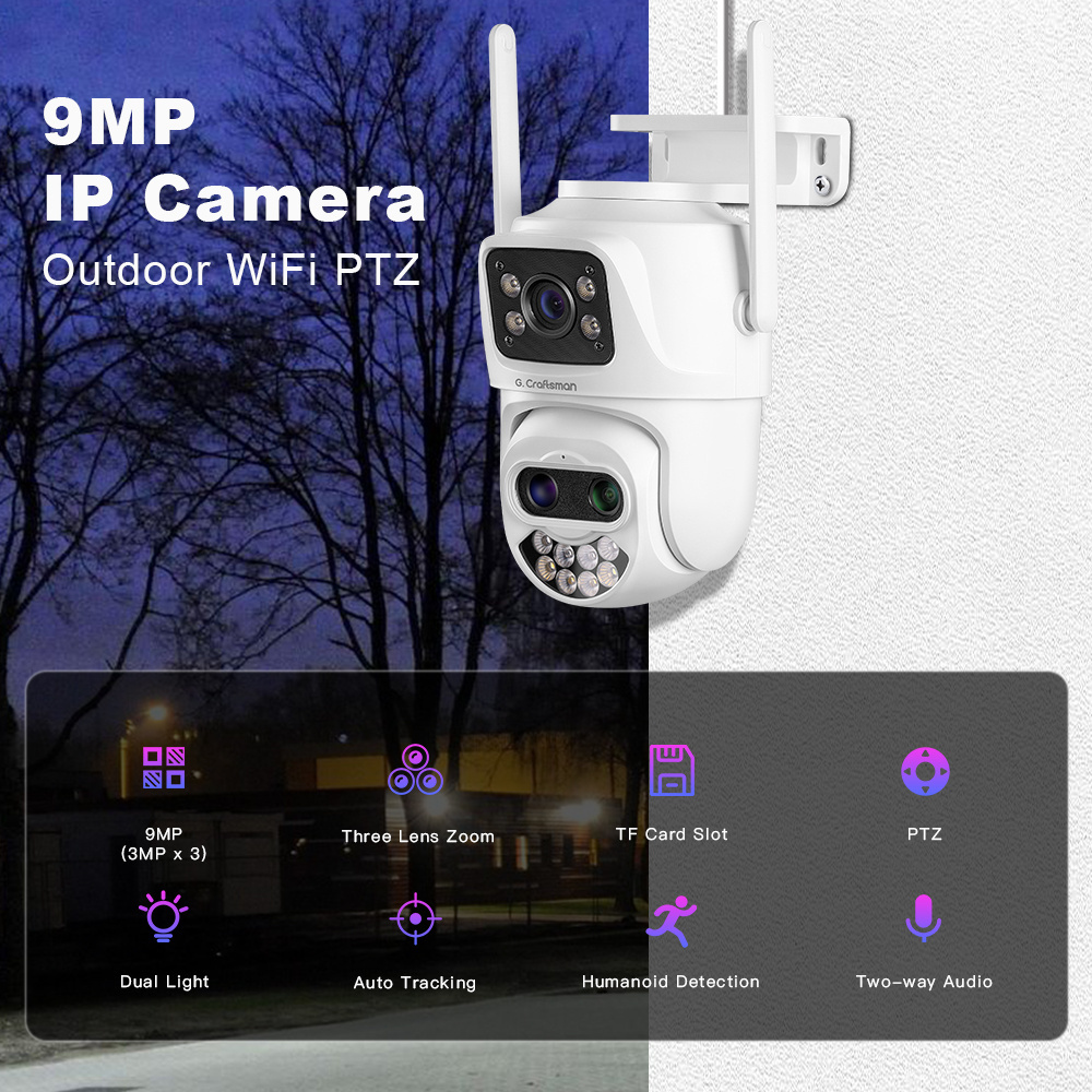 GX-P9FVD-M3X WiFi PTZ IP CCTV Camera 3MP*3 CMOS Sensor 8X Zoom Full Color Night Vision Humanoid Detection Surveillance ICSEE