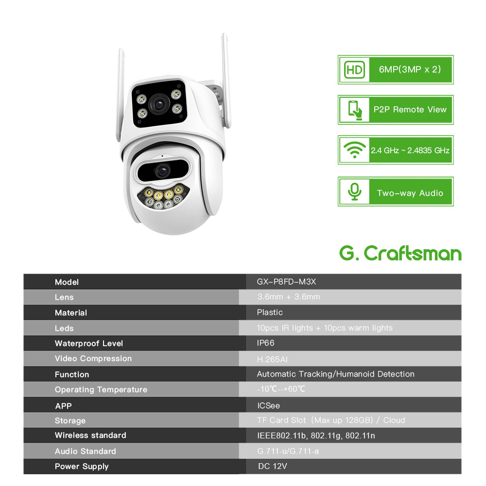 GX-P8FD-M3X WiFi PTZ IP Camera 3MP*2 LENS CMOS Sensor Outdoor Full Color Night Vision AI Human Auto Tracking Surveillance ICSEE