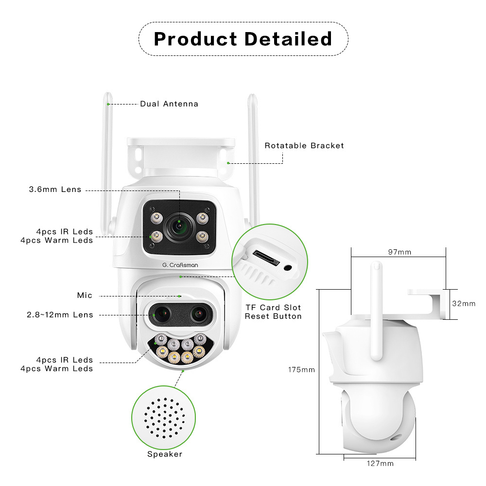 GX-P9FVD-M3X WiFi PTZ IP CCTV Camera 3MP*3 CMOS Sensor 8X Zoom Full Color Night Vision Humanoid Detection Surveillance ICSEE