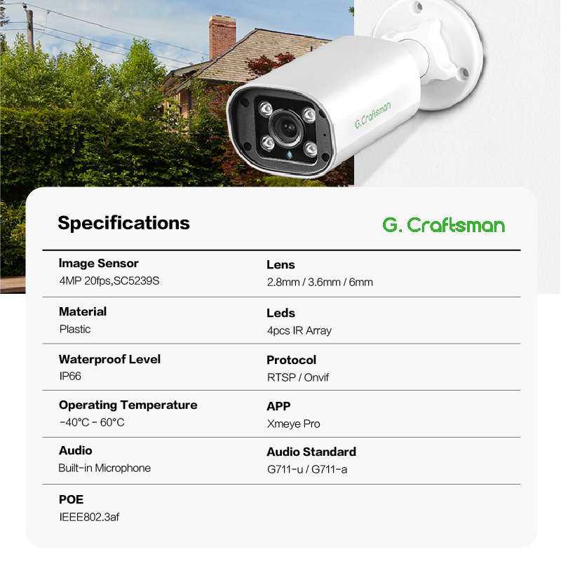 GX-PBFI-M4G 4MP High Quality POE CCTV IP Camera with Audio Human Face Detection Night Vision for Indoor Waterproof Outdoor Use