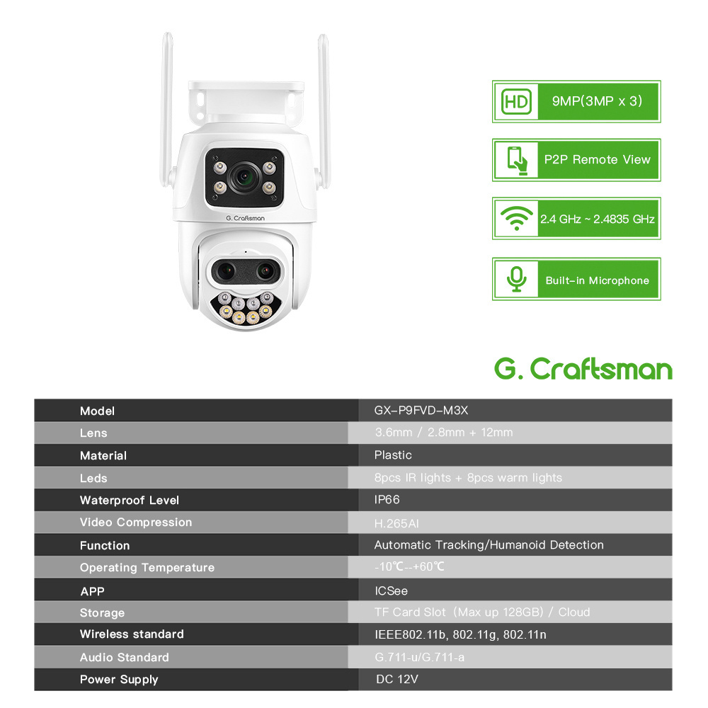 GX-P9FVD-M3X WiFi PTZ IP CCTV Camera 3MP*3 CMOS Sensor 8X Zoom Full Color Night Vision Humanoid Detection Surveillance ICSEE