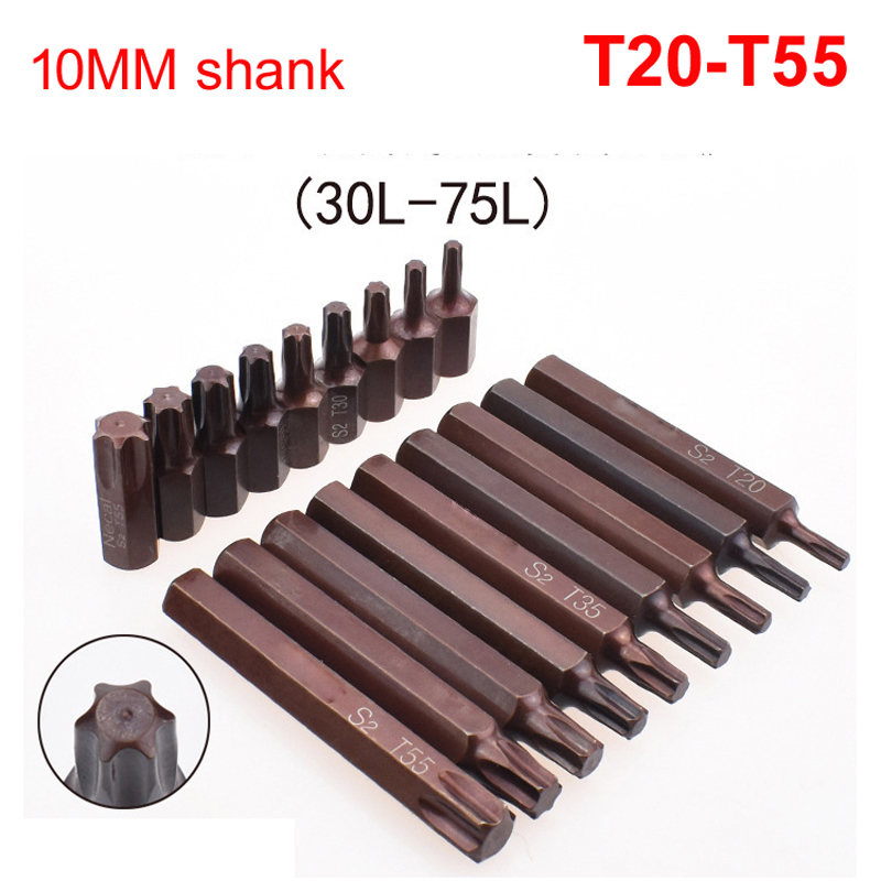 Custom Length 30/75mm Long S2 Torx Screwdriver Bit 10mm Hex Shank for Impact Screw driver T20/T25/T27/T30/T35/T40/T45/T50/T55