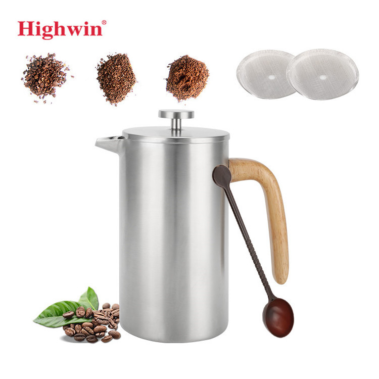 Highwin Factory Wood Handle Stainless Steel Double Wall French Coffee Press