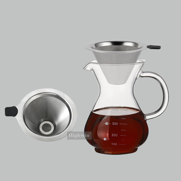 HIGHWIN Borosilicate  Glass Coffee Maker Pour Over Dripper Stainless Steel Filter